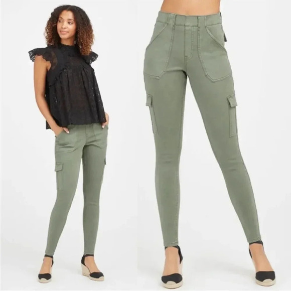 spanx stretch twill ankle cargo pant tight leggings pockets sage green NWT - Picture 1 of 12